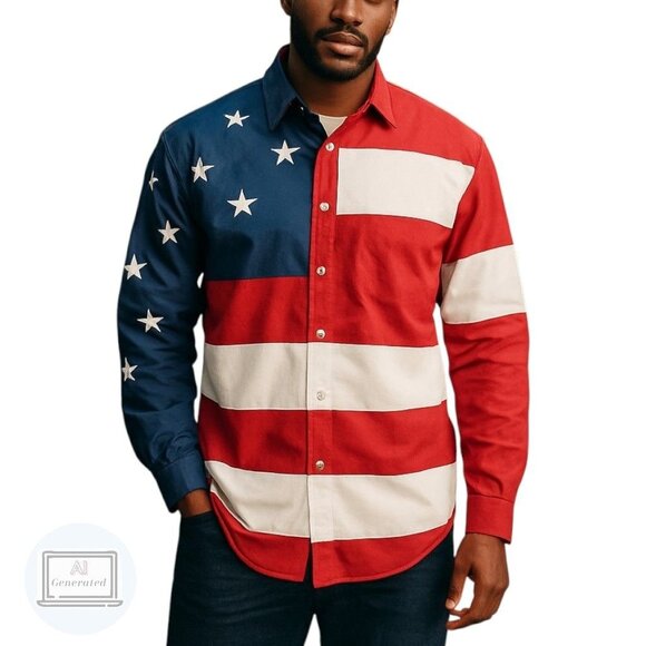 VTG Tommy Hilfiger American Flag Button Shirt USA Patriotic Stars Stripes Size L - Picture 1 of 13